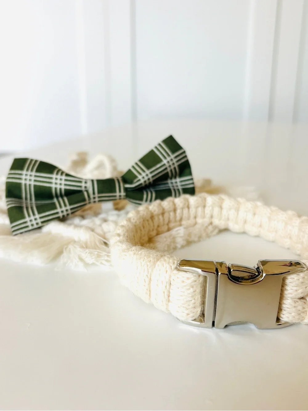 Cream Bandana Set - Collar, Bandana and Green Plaid Bow.
